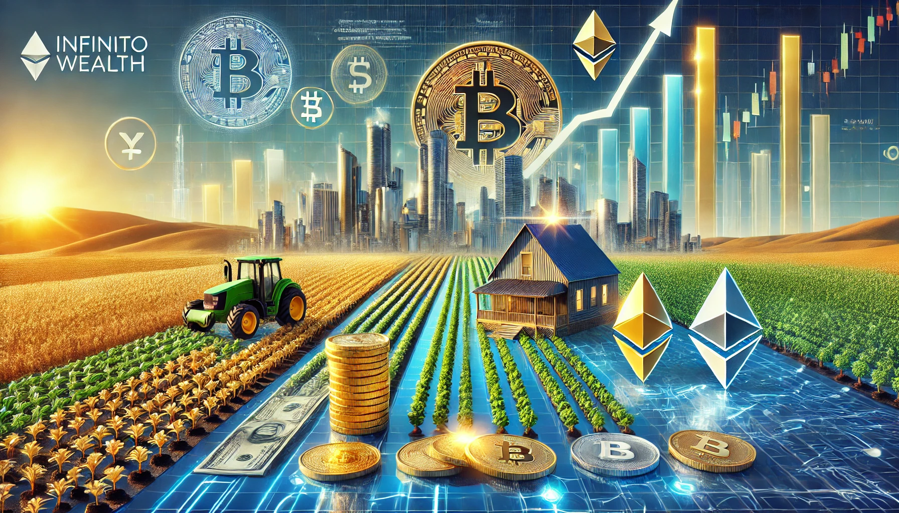 A professional and artistic representation of Infinito Wealth with a focus on diverse investment opportunities: a wide landscape-style image. Features agricultural investments with rows of crops and a modern farm, bullion (precious metals) represented by shiny gold and silver coins, stocks and cryptocurrency symbols like Bitcoin, Ethereum, and financial growth charts showing upward trends. Also includes a modern cityscape symbolizing commercial real estate and the Infinito Wealth logo prominently displayed with colors of blue and gold. The image conveys prosperity, growth, and financial stability.