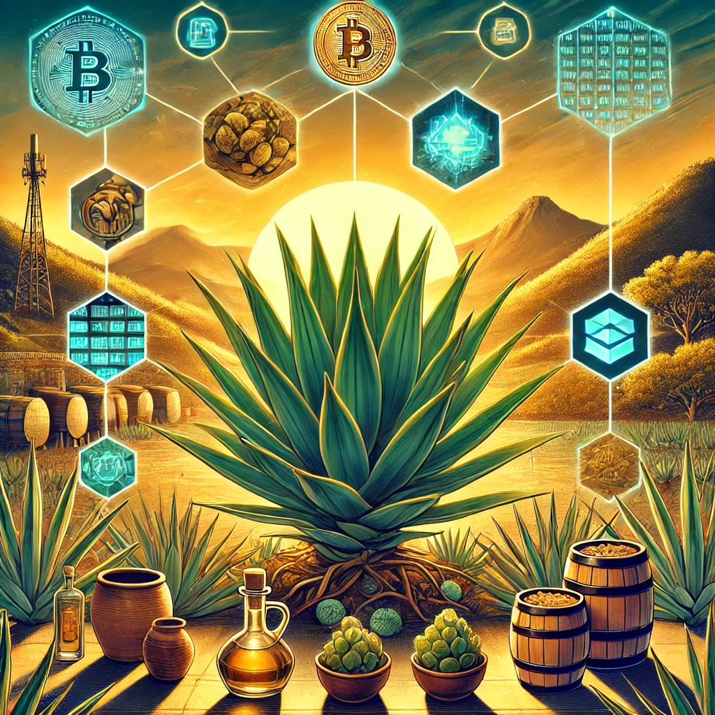 A captivating image representing MagueyToken, combining traditional Oaxacan culture and modern agribusiness innovation. The centerpiece features a lush maguey (agave) plant bathed in golden sunlight, symbolizing growth and prosperity. Surrounding it are elements of mezcal production, such as traditional clay pots and distillery tools, blended with digital technology visuals, like glowing blockchain nodes and tokens. The background includes a serene Oaxacan landscape with mountains and a sunset. The color palette includes rich greens, earthy tones, and golden highlights to evoke authenticity and wealth.