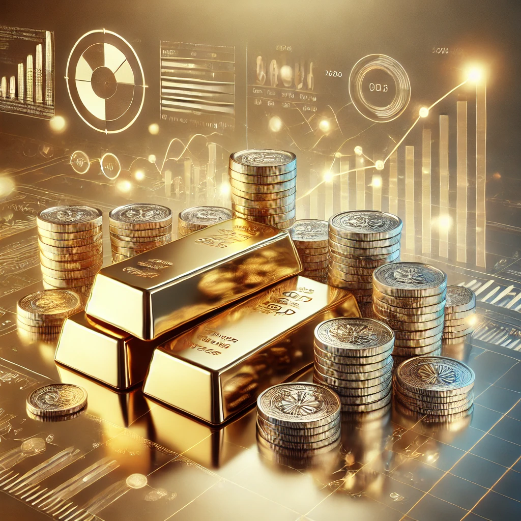 An artistic and elegant image symbolizing the value of gold and silver. The centerpiece features gold bars and shining silver coins arranged on a polished reflective surface. Surrounding the metals are glowing charts and graphs, representing financial growth and investment. The background is softly lit with warm gold and cool silver tones, giving a luxurious and professional feel. Ideal for representing wealth and investment opportunities.